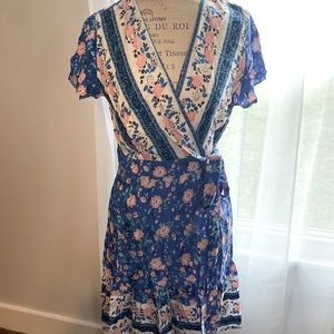 Blue floral wrap dress
